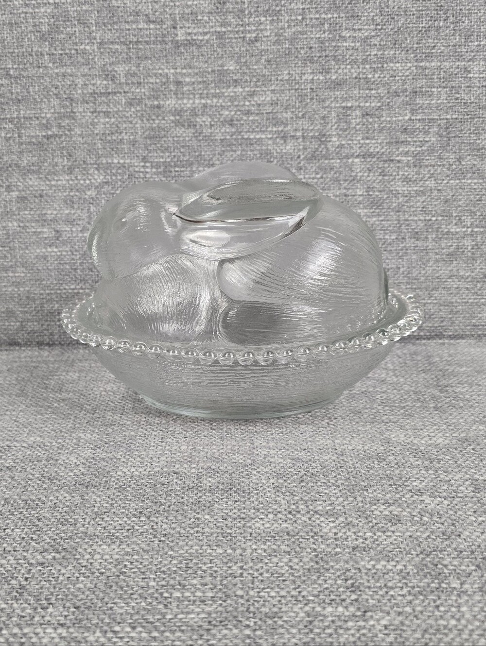 Vtg Indiana Glass Bunny On Nest Clear Candy Dish